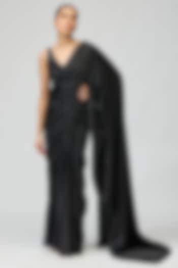 Black Armani Satin Beadwork Wedding Saree Set by Varun Bahl at Pernia's Pop Up Shop