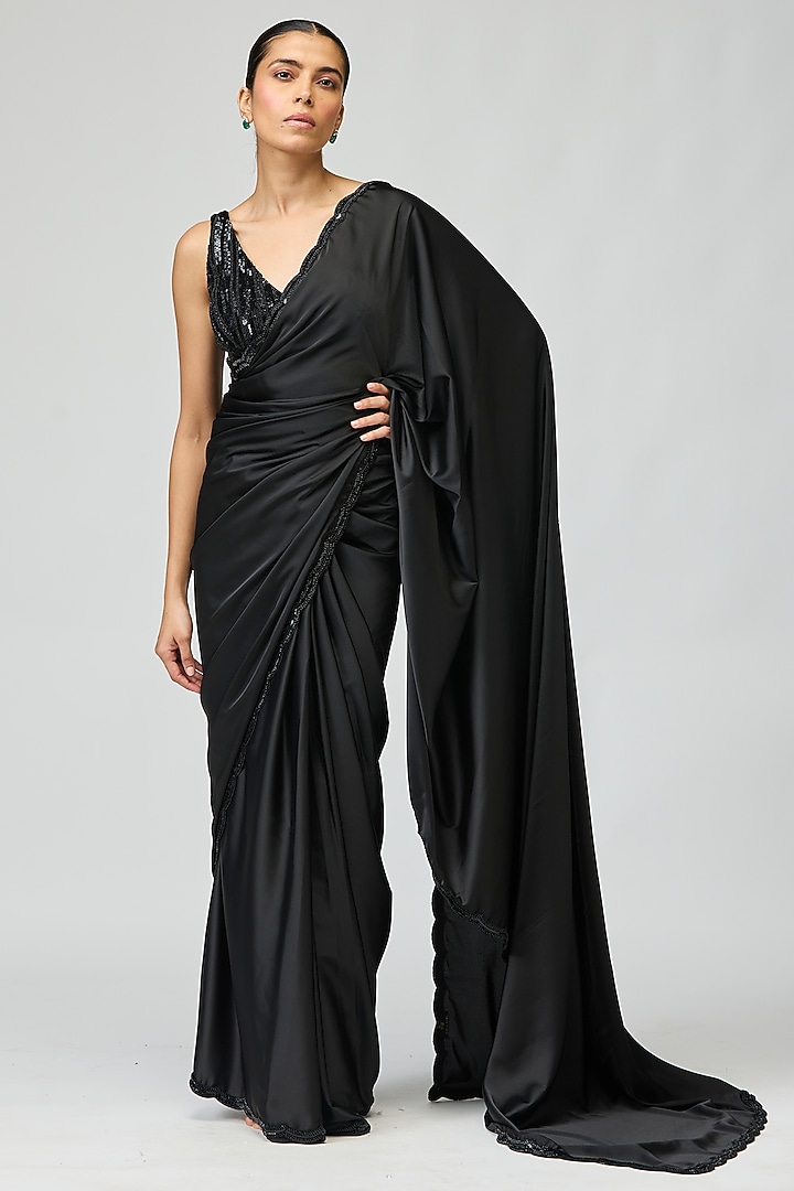 Black Armani Satin Beadwork Wedding Saree Set by Varun Bahl at Pernia's Pop Up Shop