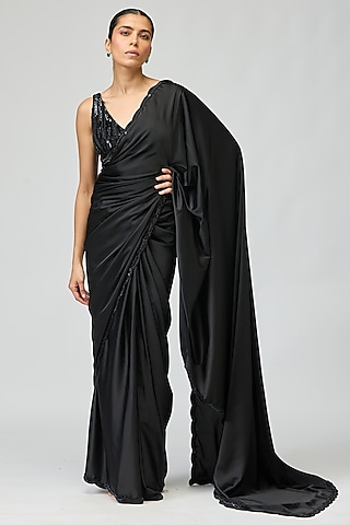 Black Armani Satin Beadwork Saree Set by Varun Bahl