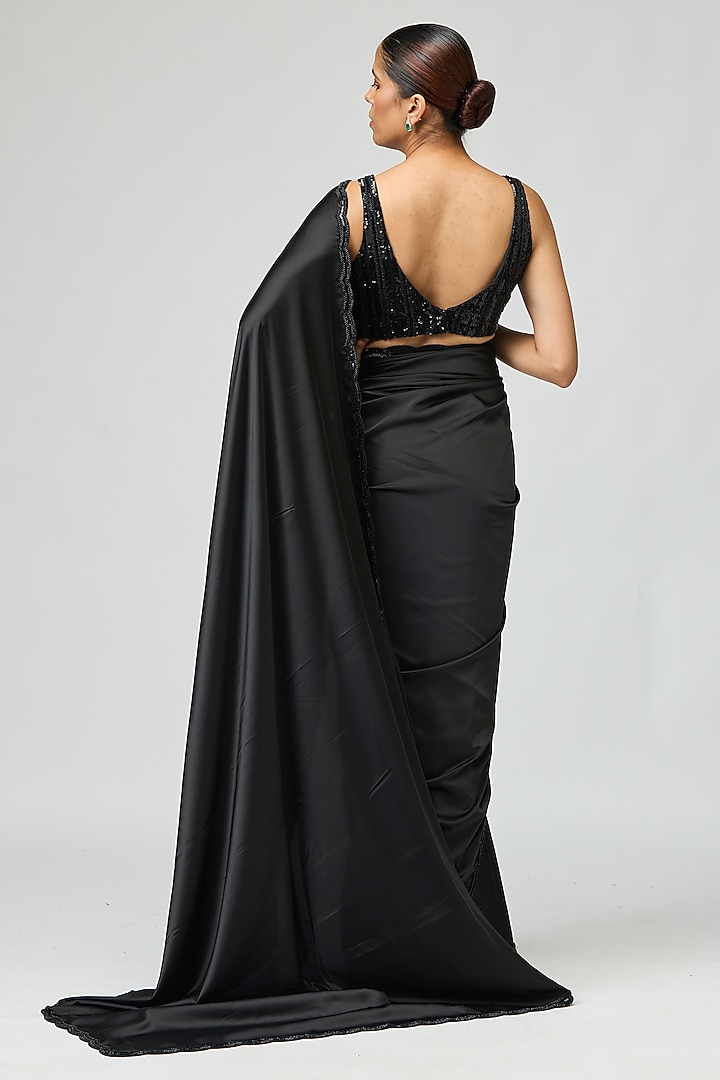 Black Armani Satin Beadwork Wedding Saree Set by Varun Bahl at Pernia's Pop Up Shop