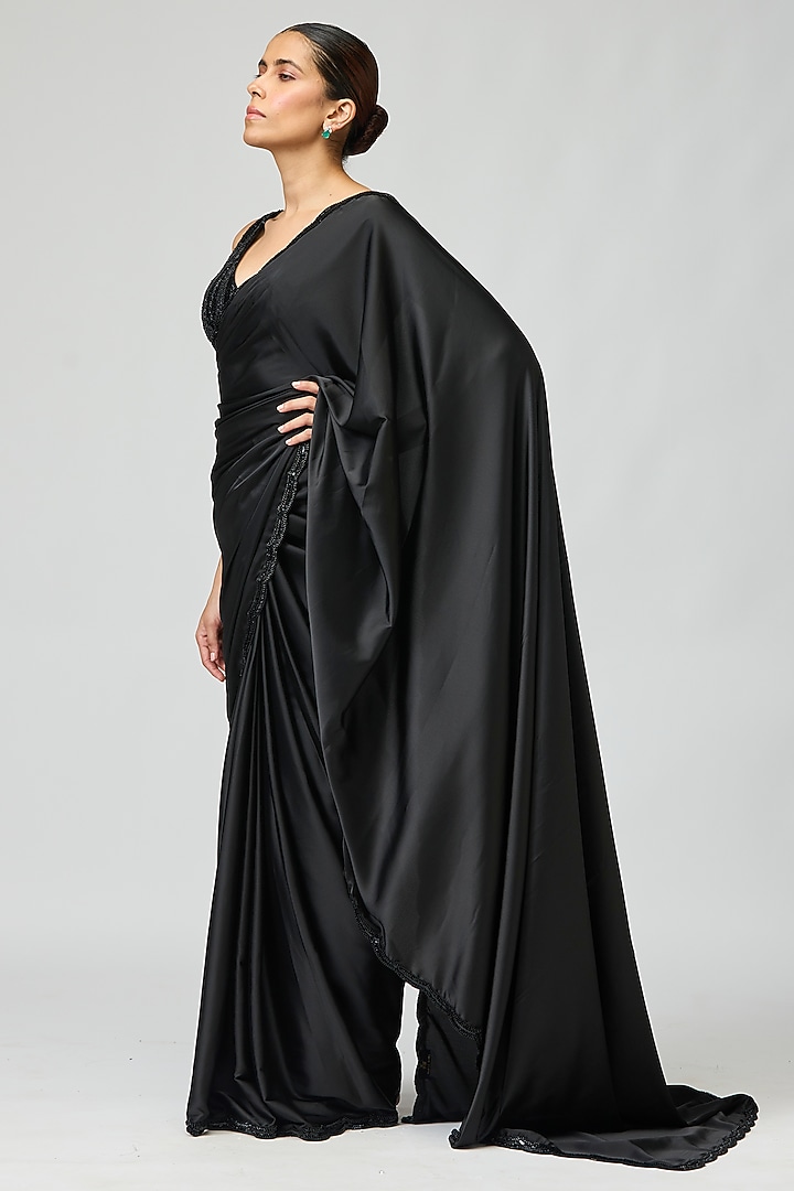 Black Armani Satin Beadwork Wedding Saree Set by Varun Bahl at Pernia's Pop Up Shop