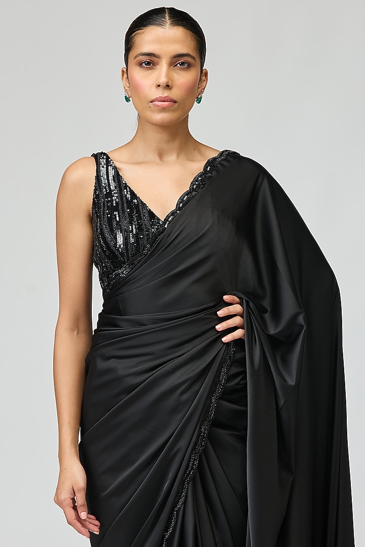 Black Armani Satin Beadwork Wedding Saree Set by Varun Bahl at Pernia's Pop Up Shop