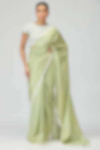 Green Viscose Tissue Beadwork Wedding Saree Set by Varun Bahl at Pernia's Pop Up Shop