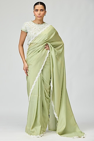 Green Viscose Tissue Beadwork Saree Set by Varun Bahl