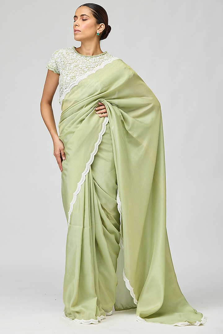 Green Viscose Tissue Beadwork Wedding Saree Set by Varun Bahl at Pernia's Pop Up Shop