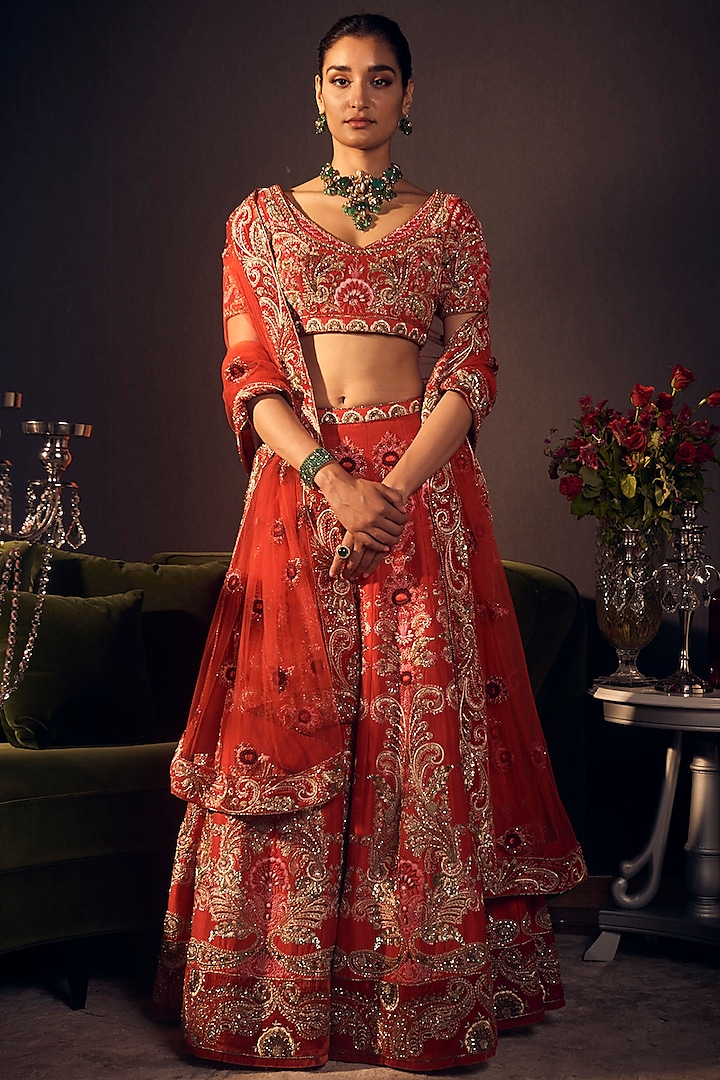 Red Hand Embroidered Lehenga Set by Varun Bahl