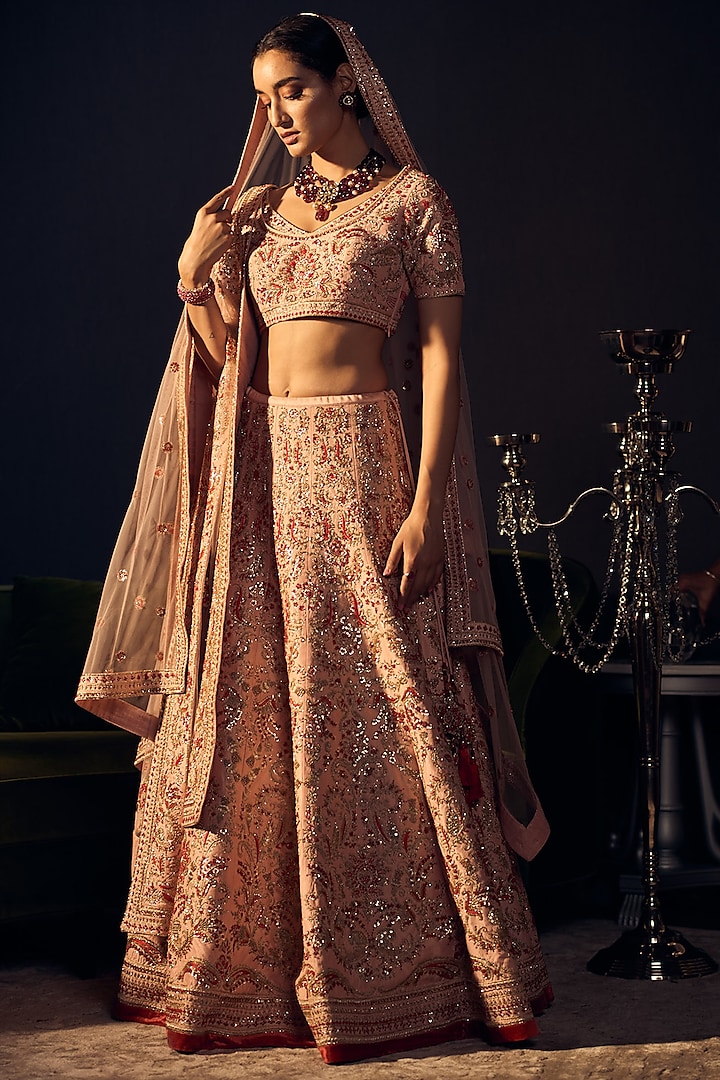 Pale Pink Embroidered Lehenga Set by Varun Bahl