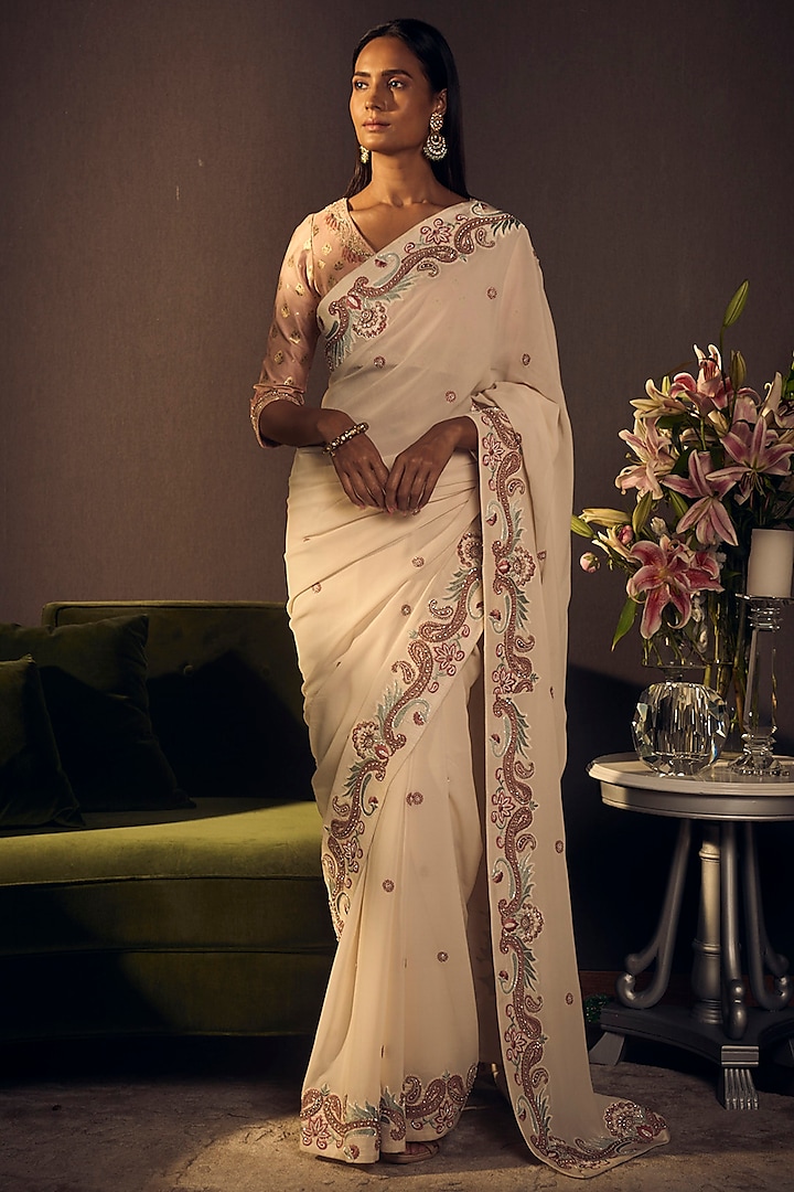 Ivory & Pink Embroidered Saree Set by Varun Bahl