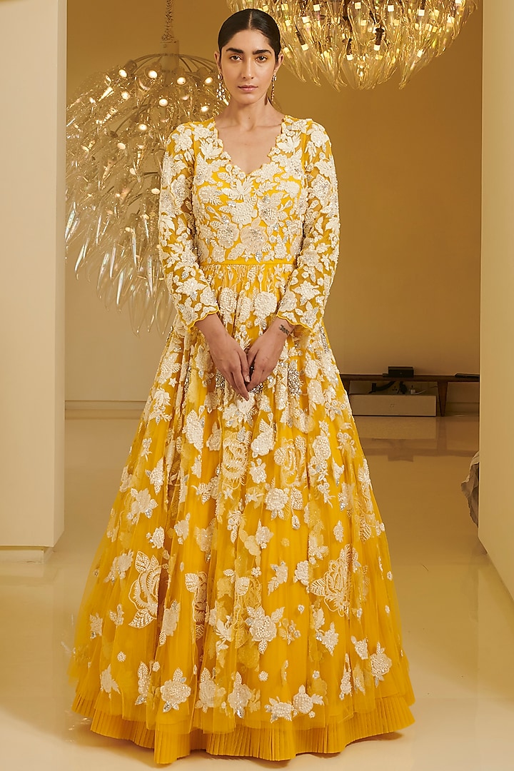 Yellow Embroidered Gown by Varun Bahl at Pernia's Pop Up Shop