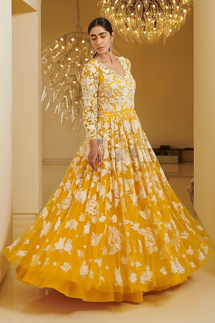 Yellow Embroidered Gown by Varun Bahl at Pernia's Pop Up Shop