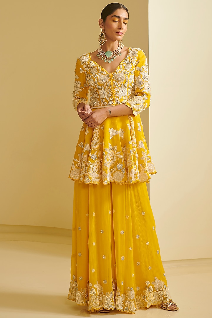 Yellow Embroidered Sharara Set by Varun Bahl