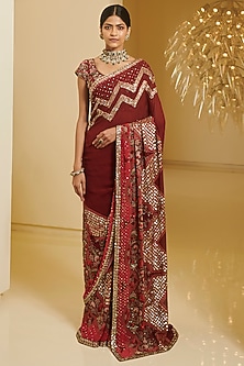 Maroon & Pink Printed Saree Set by Varun Bahl-TRADITIONAL SIX YARDS