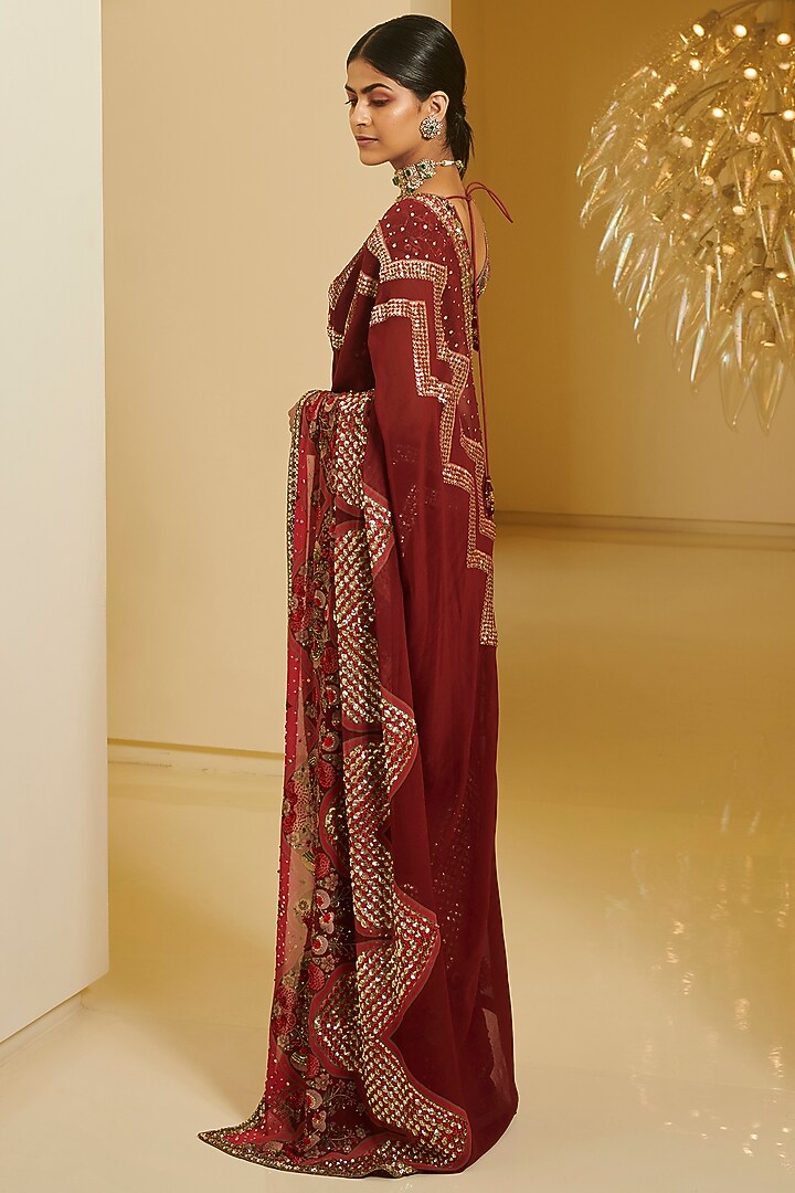 Maroon & Pink Printed Bridal Saree Set by Varun Bahl at Pernia's Pop Up Shop