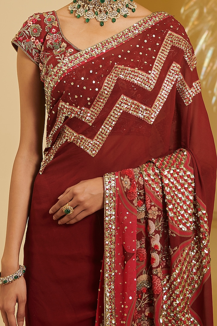 Maroon & Pink Printed Bridal Saree Set by Varun Bahl at Pernia's Pop Up Shop