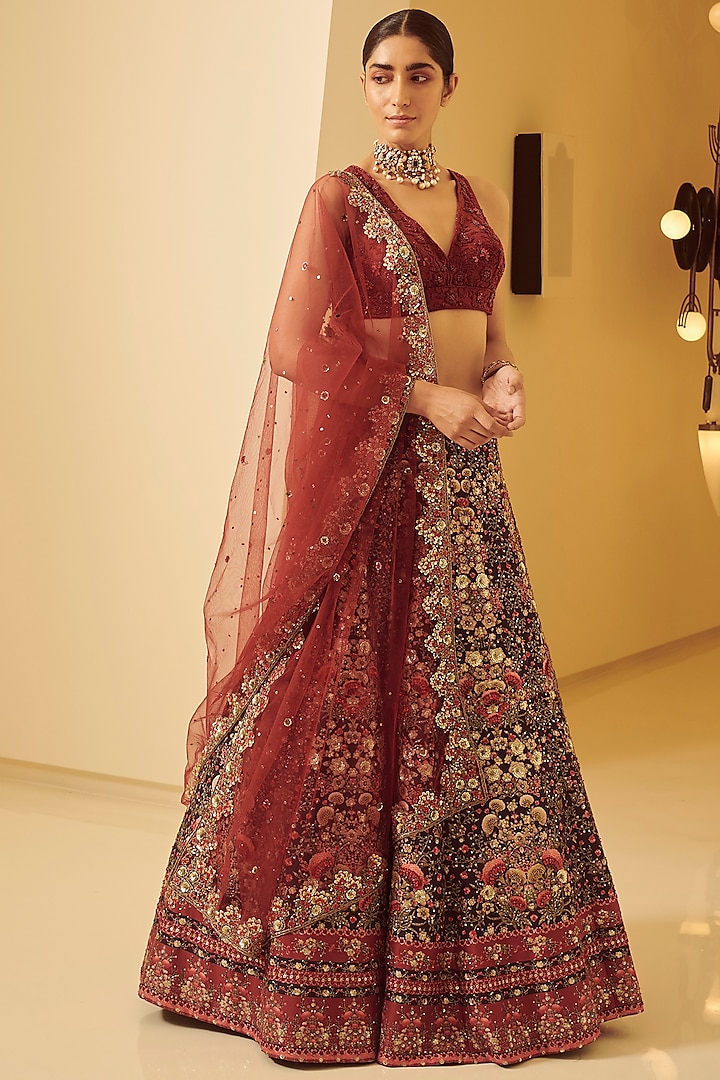 Blue & Maroon Embroidered Lehenga Set by Varun Bahl