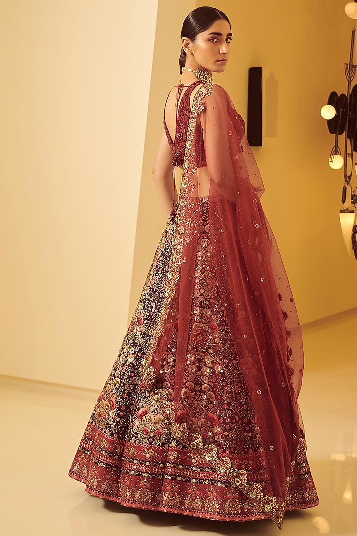 Blue & Maroon Embroidered Bridal Lehenga Set by Varun Bahl at Pernia's Pop Up Shop