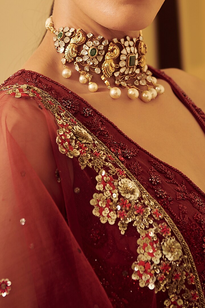 Blue & Maroon Embroidered Bridal Lehenga Set by Varun Bahl at Pernia's Pop Up Shop