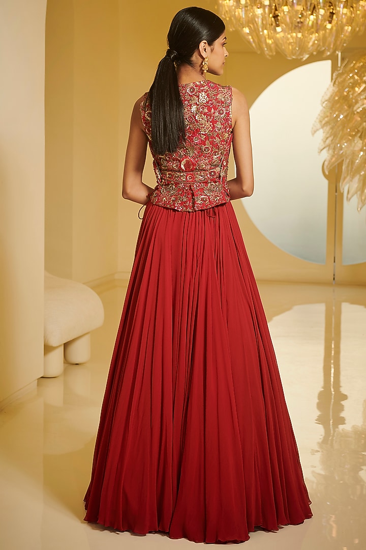 Red Modal Dupion Skirt Set by Varun Bahl at Pernia's Pop Up Shop