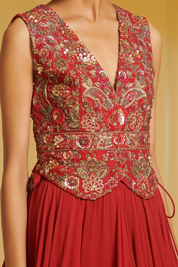 Red Modal Dupion Skirt Set by Varun Bahl at Pernia's Pop Up Shop