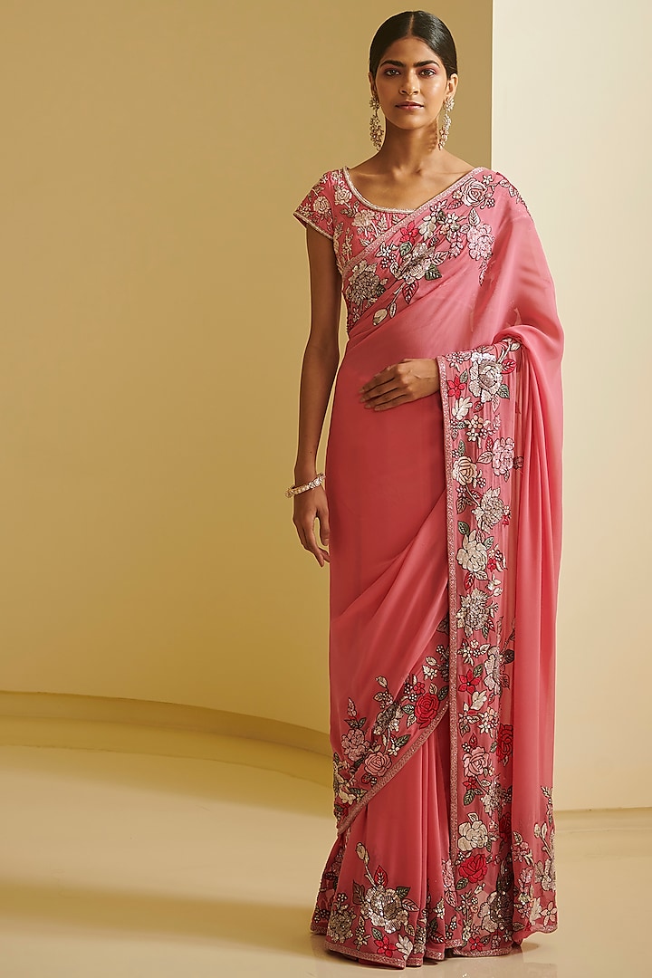Pink Embroidered Saree Set by Varun Bahl