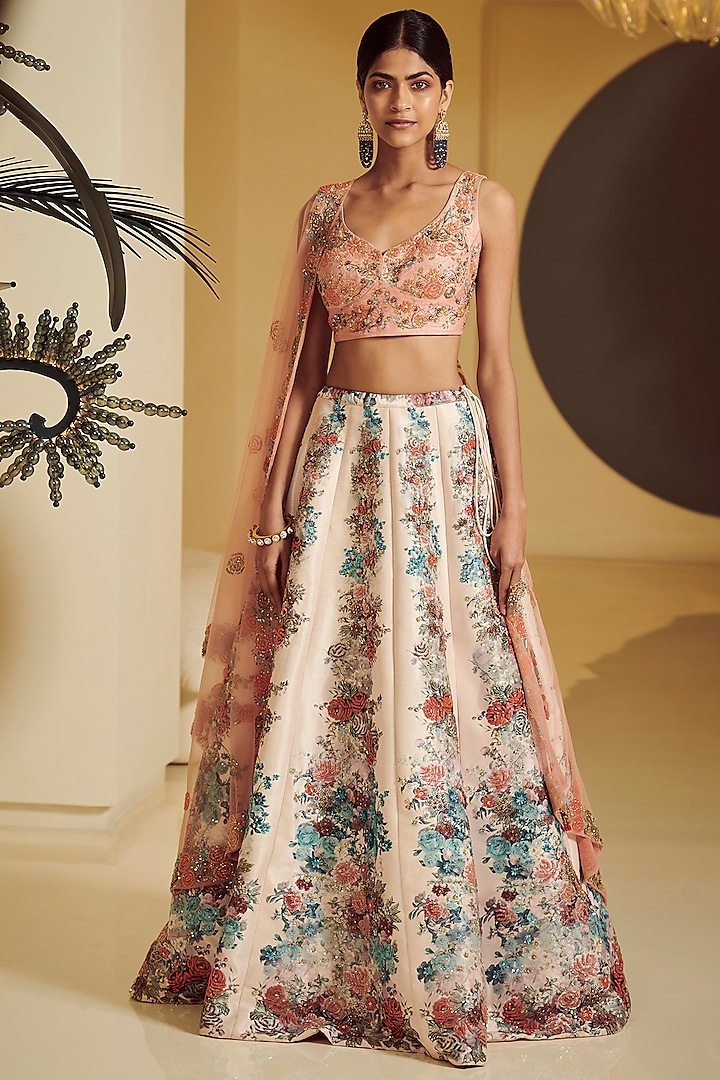 Peach Printed Kalidar Lehenga Set by Varun Bahl