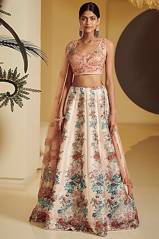 Peach Printed Kalidar Lehenga Set by Varun Bahl