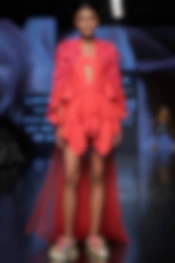 Red Silk Embellished Trail Dress by Varun Bahl