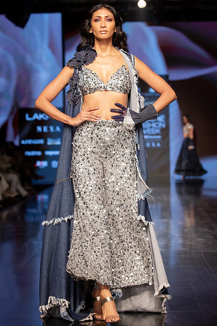 Silver Tulle Pant Set With Denim Jacket by Varun Bahl