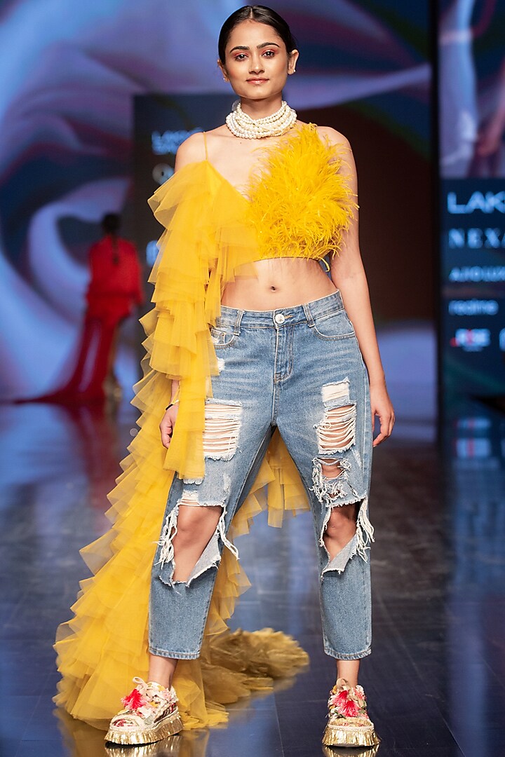 Yellow Tulle Feather Ruffled Top by Varun Bahl