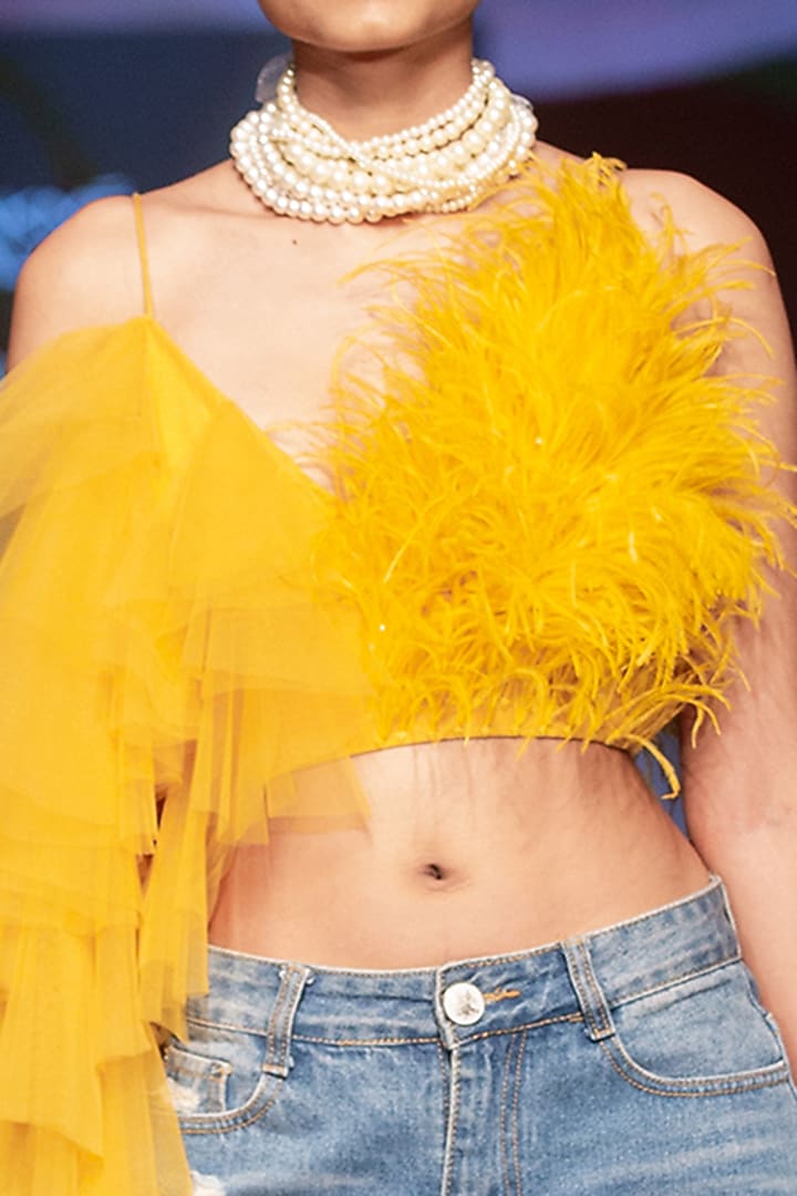 Yellow Tulle Feather Ruffled Top by Varun Bahl at Pernia's Pop Up Shop