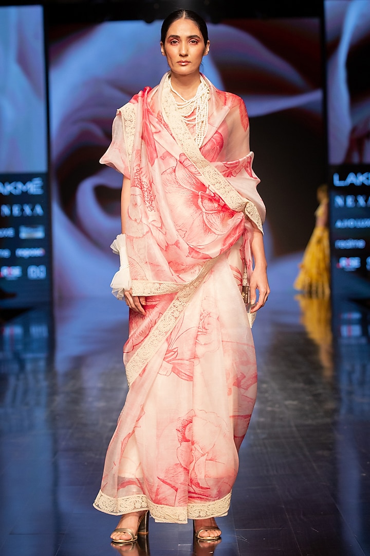 Pink Floral Printed Saree Set by Varun Bahl