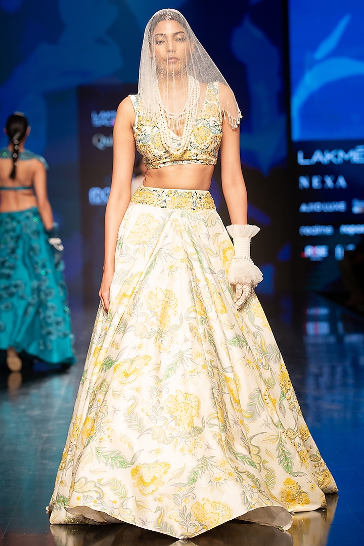 Pale Yellow Printed & Embroidered Lehenga Set by Varun Bahl