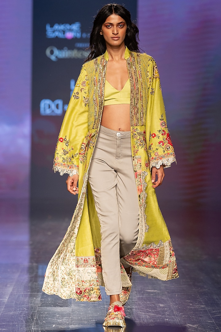 Green Embroidered Jacket With Bralette by Varun Bahl