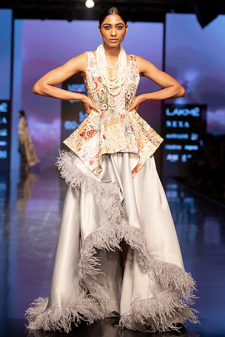 Grey Satin Feathered Skirt Set by Varun Bahl