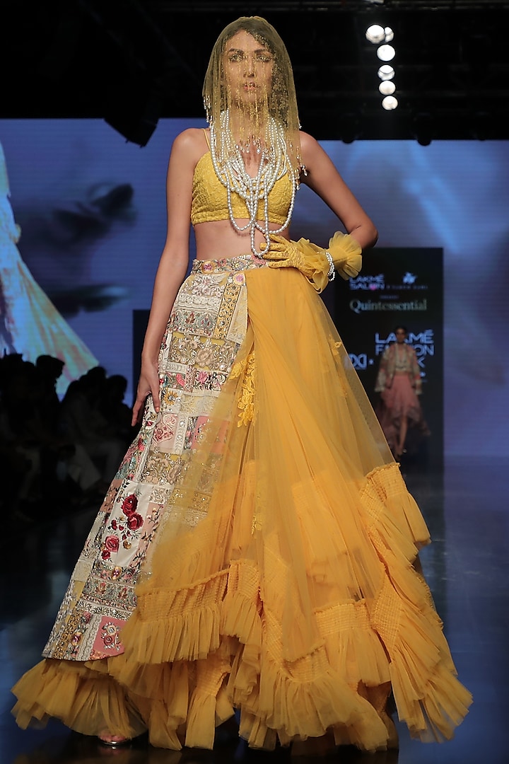 Yellow Tulle Ruffled Skirt Set by Varun Bahl