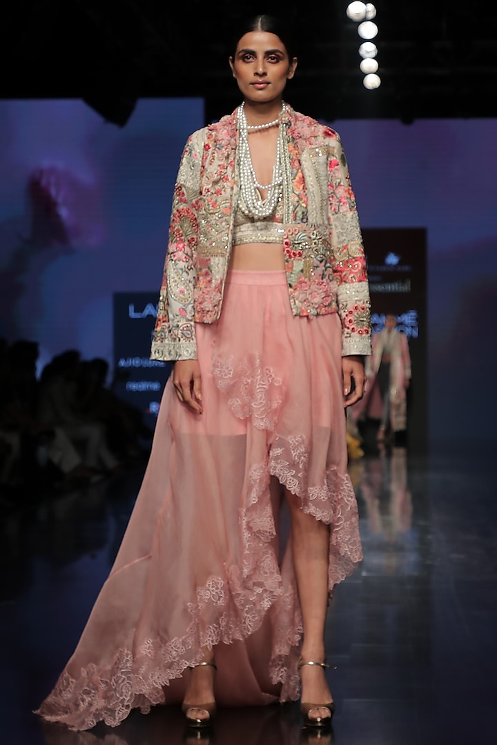 Blush Pink Organza Asymmetrical Skirt Set by Varun Bahl