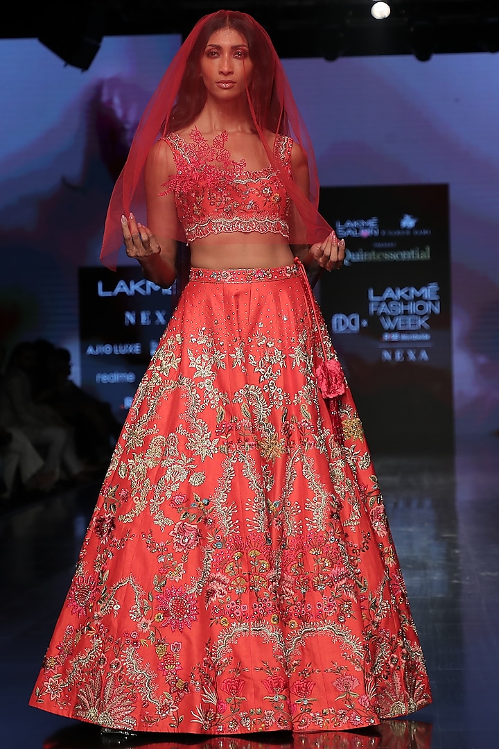 Bold Red Embroidered Lehenga Set by Varun Bahl