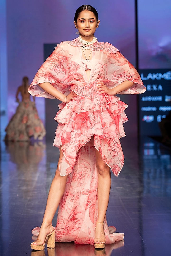 Pink Printed Ruffled Cape Party Wear Dress by Varun Bahl at Pernia's Pop Up Shop