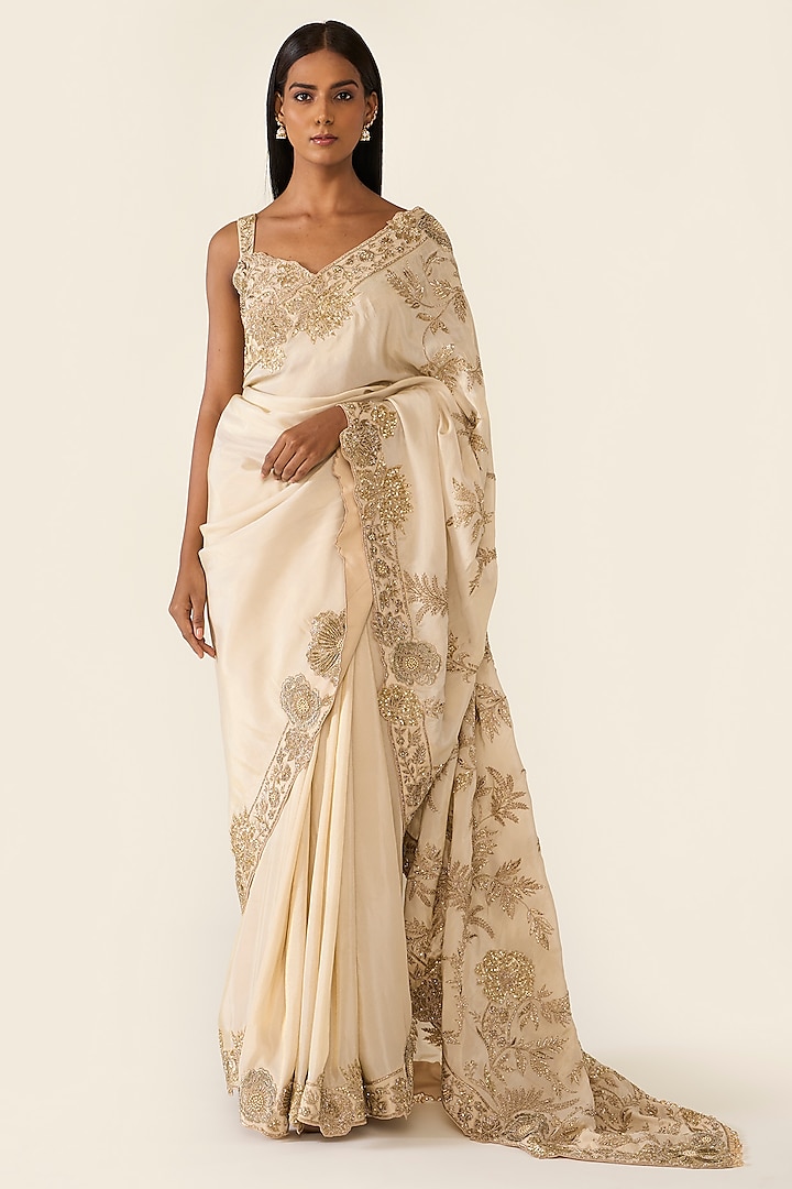 Golden Lurex Cutdana & Sequins Embellished Saree Set by Varun Bahl