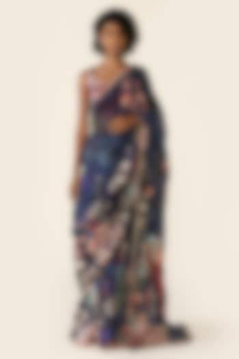 Blue Organza Printed & Cutdana Embellished Saree Set by Varun Bahl