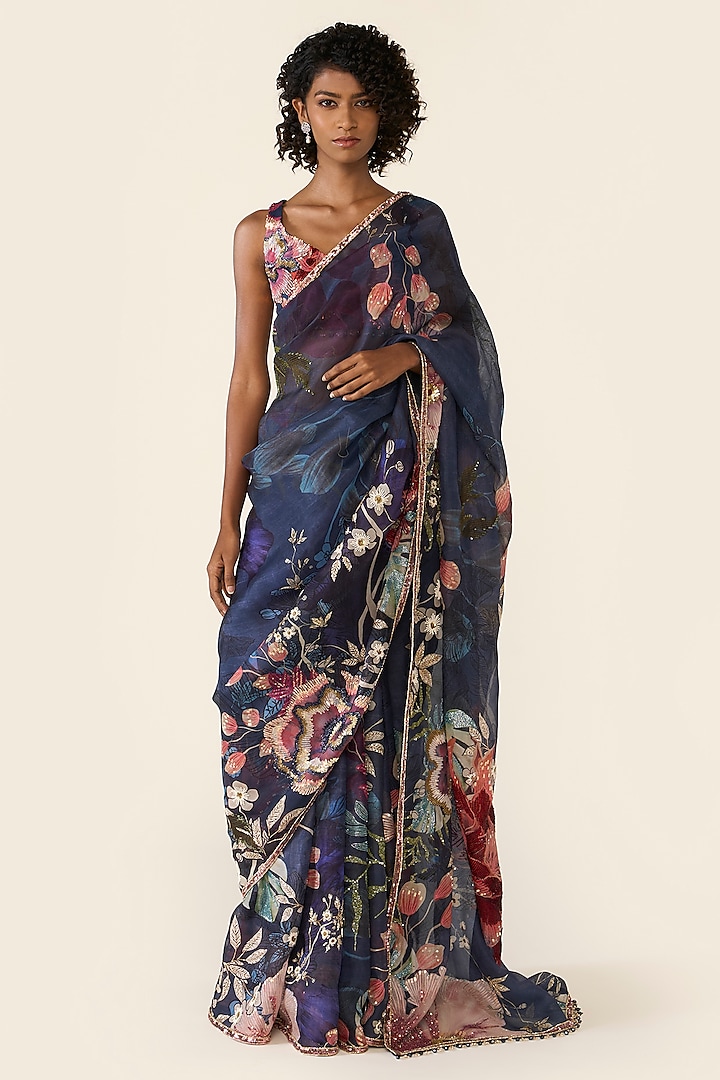 Blue Organza Printed & Cutdana Embellished Saree Set by Varun Bahl