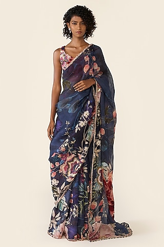 Blue Organza Printed & Cutdana Embellished Saree Set by Varun Bahl