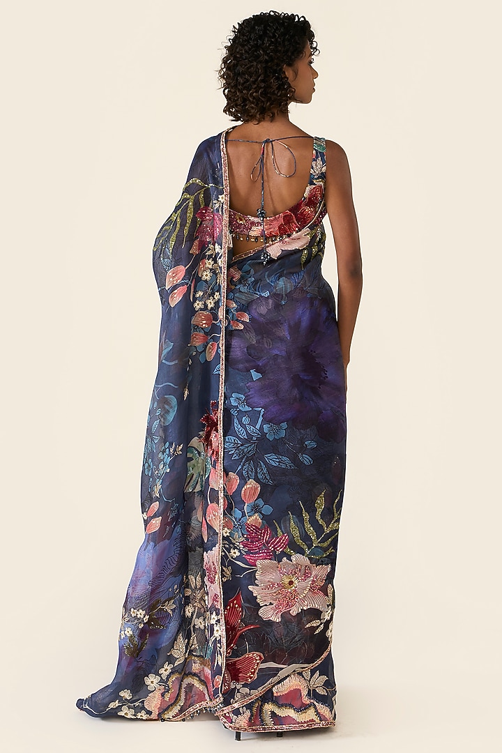 Blue Organza Printed & Cutdana Embellished Bridal Saree Set by Varun Bahl at Pernia's Pop Up Shop