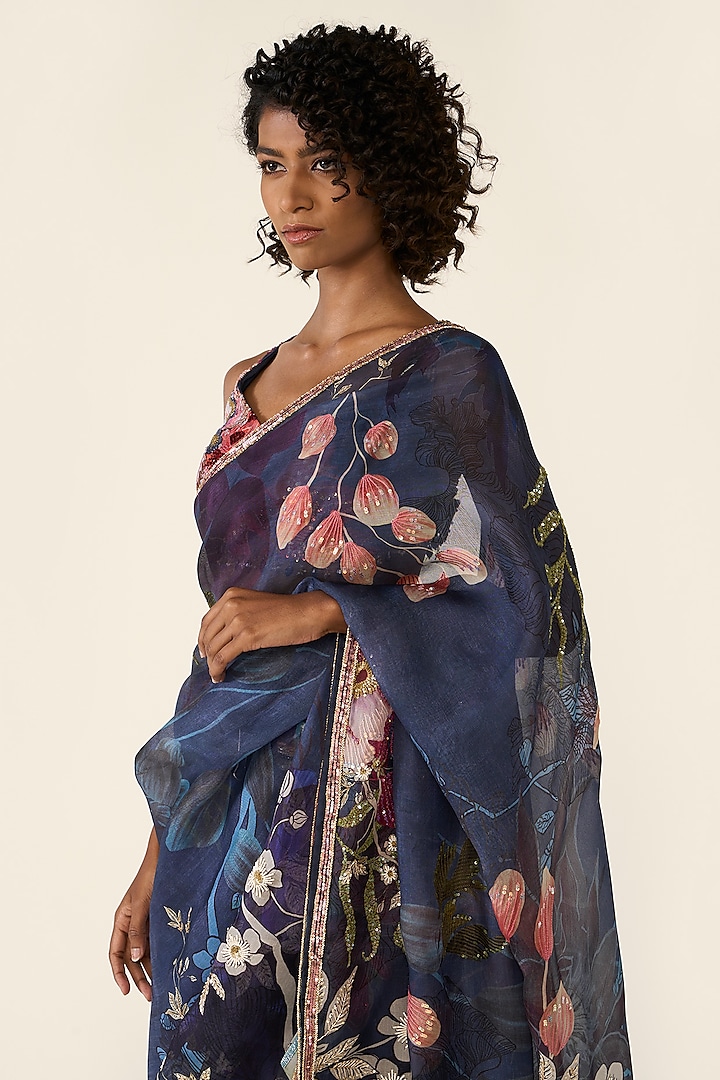Blue Organza Printed & Cutdana Embellished Bridal Saree Set by Varun Bahl at Pernia's Pop Up Shop