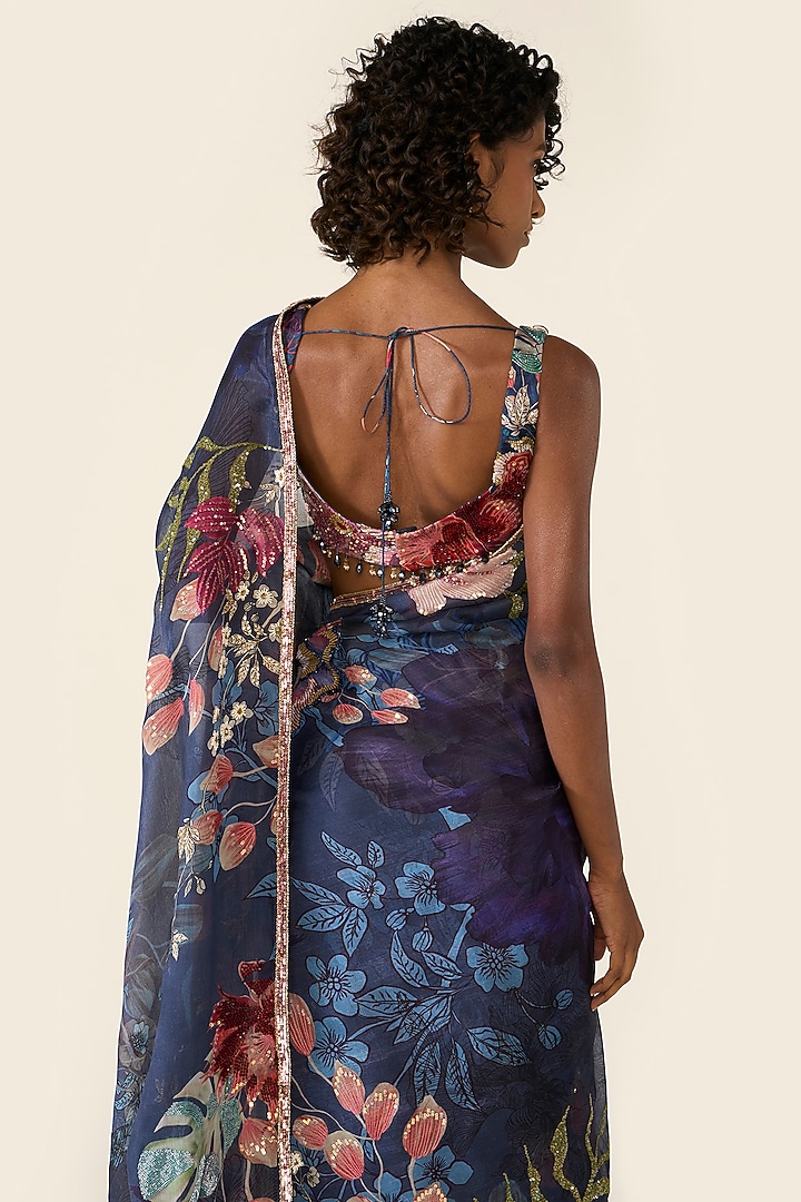 Blue Organza Printed & Cutdana Embellished Bridal Saree Set by Varun Bahl at Pernia's Pop Up Shop