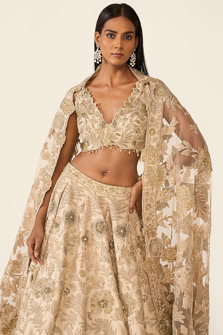 Golden Lurex & Net Swarovski Embellished Bridal Lehenga Set by Varun Bahl at Pernia's Pop Up Shop