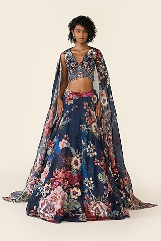 Blue Organza Printed & Bead Embellished Lehenga Set by Varun Bahl