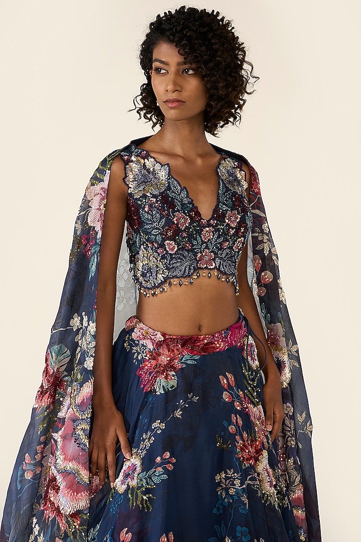 Blue Organza Printed & Bead Embellished Bridal Lehenga Set by Varun Bahl at Pernia's Pop Up Shop
