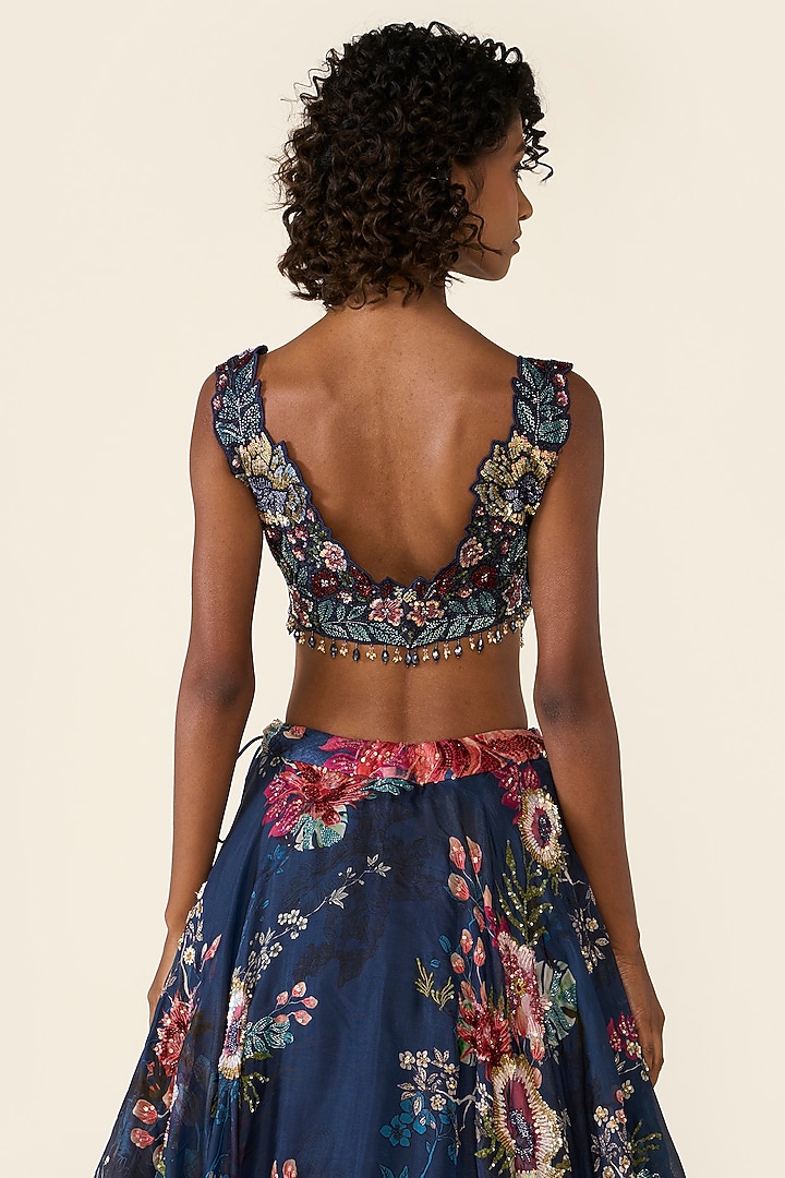 Blue Organza Printed & Bead Embellished Bridal Lehenga Set by Varun Bahl at Pernia's Pop Up Shop