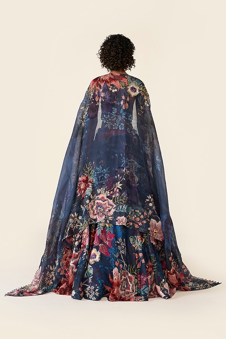 Blue Organza Printed & Bead Embellished Bridal Lehenga Set by Varun Bahl at Pernia's Pop Up Shop
